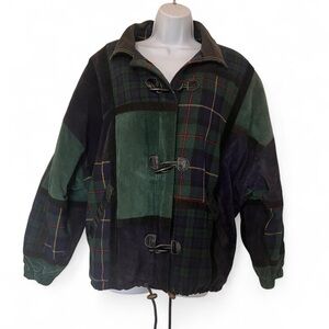 Vintage Brandon Thomas Leather & Plaid Toggle Jacket 🍂🖤 90s Patchwork Coat